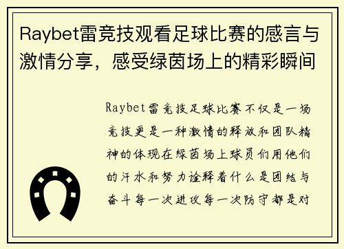 Raybet雷竞技观看足球比赛的感言与激情分享，感受绿茵场上的精彩瞬间与团队精神