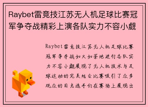 Raybet雷竞技江苏无人机足球比赛冠军争夺战精彩上演各队实力不容小觑