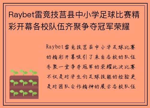 Raybet雷竞技莒县中小学足球比赛精彩开幕各校队伍齐聚争夺冠军荣耀