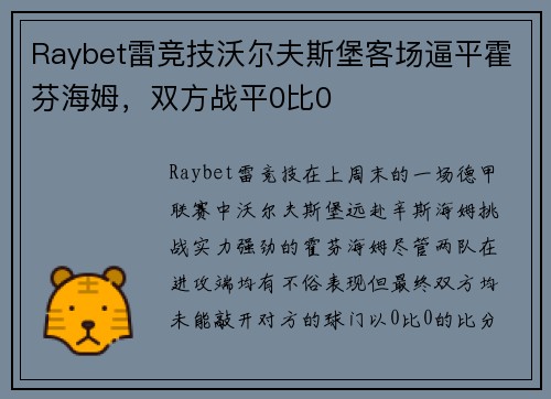 Raybet雷竞技沃尔夫斯堡客场逼平霍芬海姆，双方战平0比0